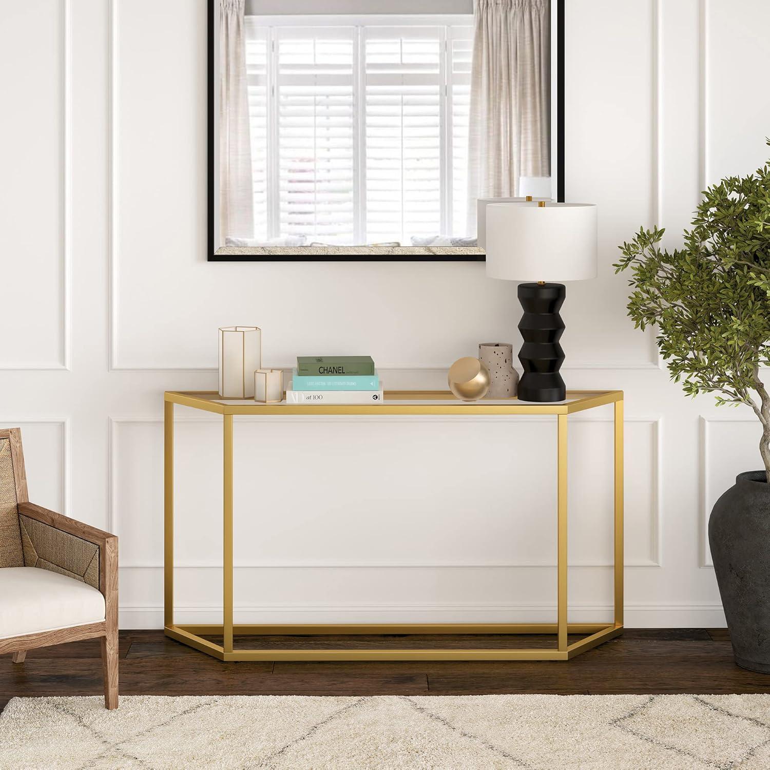 Sleek 55" Gold Metallic Console Table with Tempered Glass Top