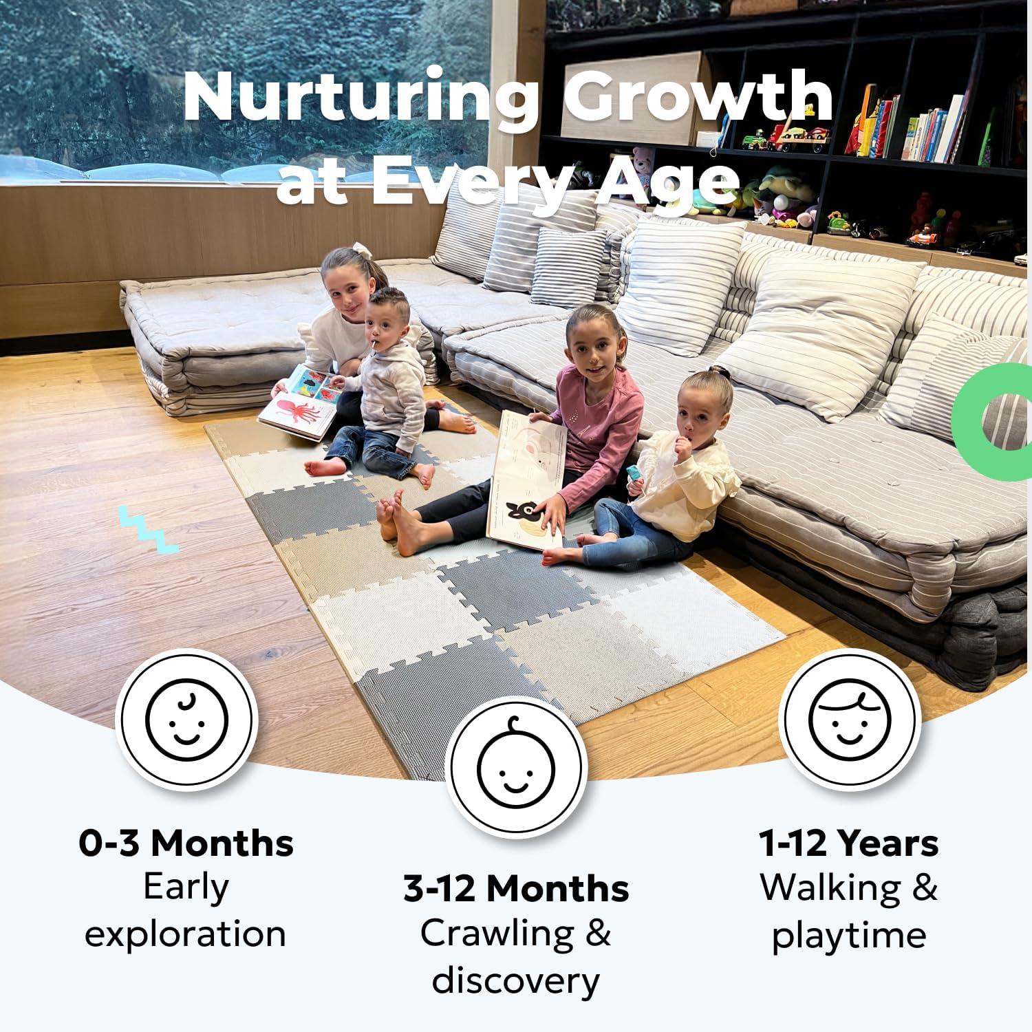 MioTetto Tapete de Juegos de Espuma No Tóxica para Bebés y Niños, Mosaicos Entrelazados, Crema-gris-beige, 18 Piezas, Perfecto para Pasar el Día Boca Abajo, Gatear, Ir Al Cuarto de Niños, Jugar O Gimnasio