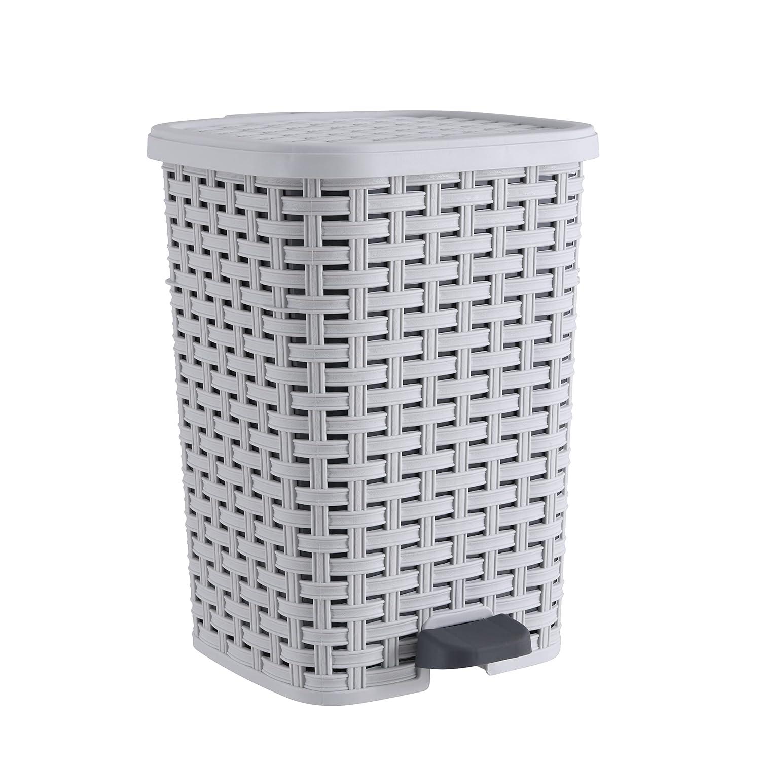 Superio Wicker Style Step-On Trash Can – 3.1 Gallon, White Smoke