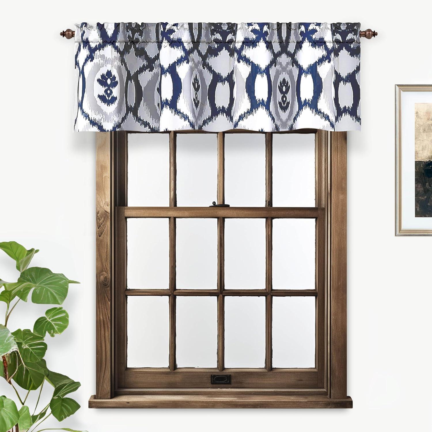 DriftAway Evelyn Ikat Fleur Floral Pattern Window Curtain Valance 14"L x 52"W Navy Blue