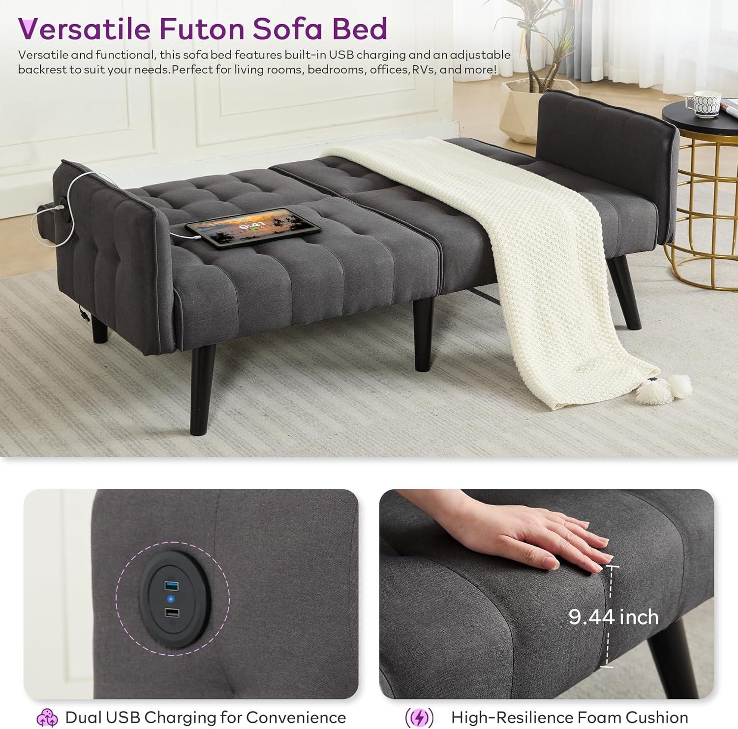 TYBOATLE 65“ Convertible Futon Sofa Bed w/ 2 USB, Upholstered Tufted Small Adjustable Folding Couch Loveseat, Modern Mid Century Sleeper Sofa for Living Room, Bedroom, Apartment, Office (Dark Grey)