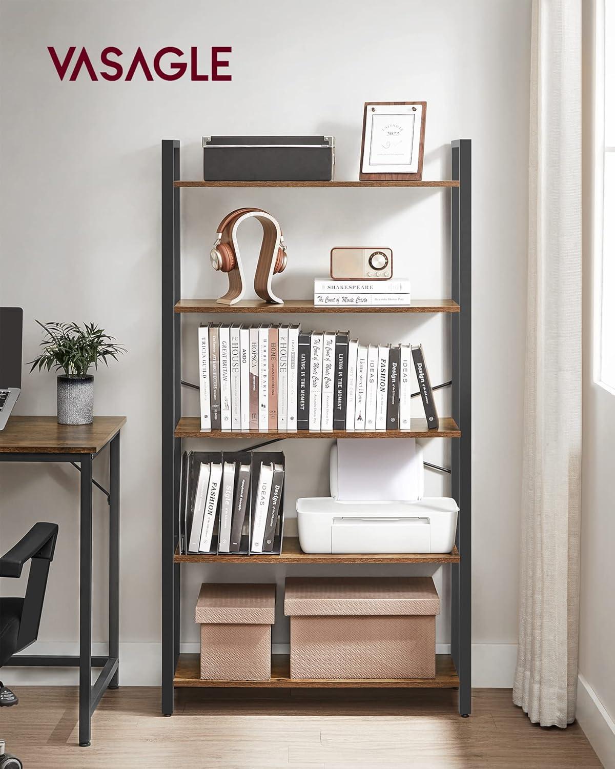 Adjustable Black Metal and Wood 5-Tier Bookshelf