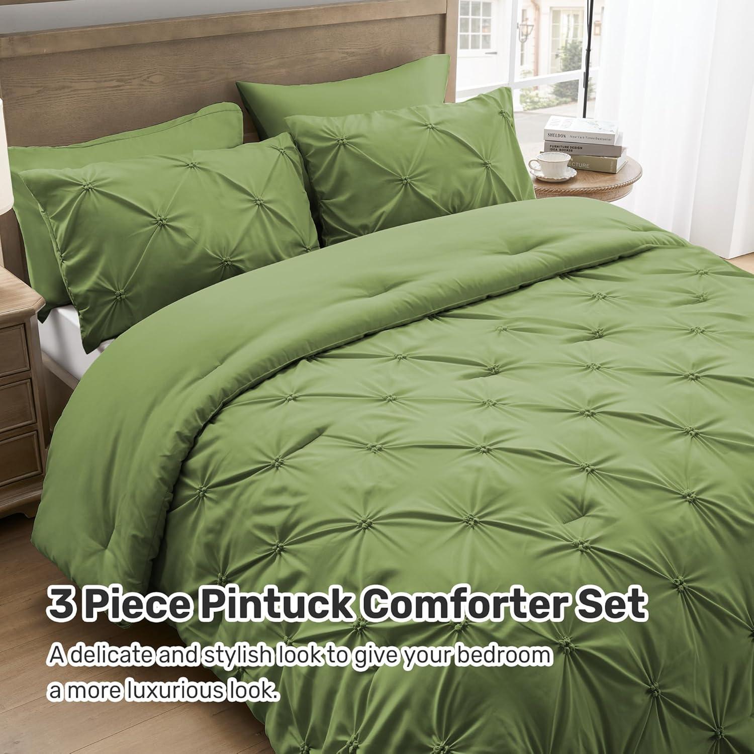 Peace Nest 3-Piece All Season Pinch Pleated Comforter Set, Olive, King