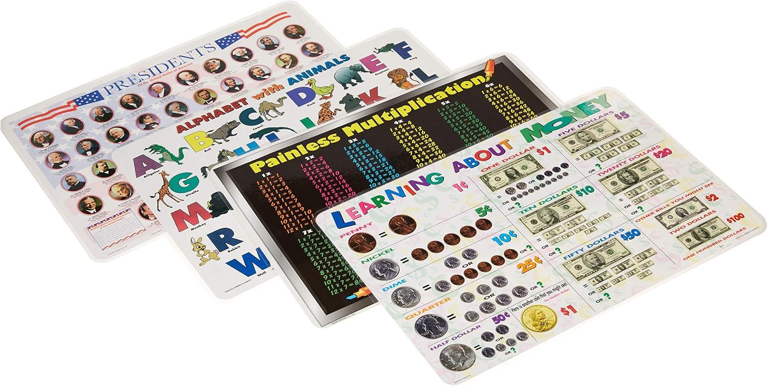 Interactive Educational Placemats for Kids, 8 Pack, Multicolor
