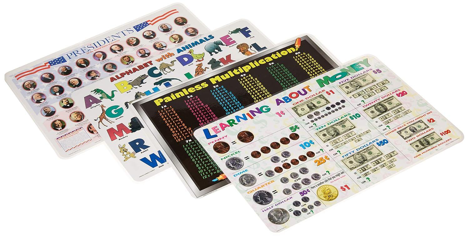 Interactive Educational Placemats for Kids, 8 Pack, Multicolor