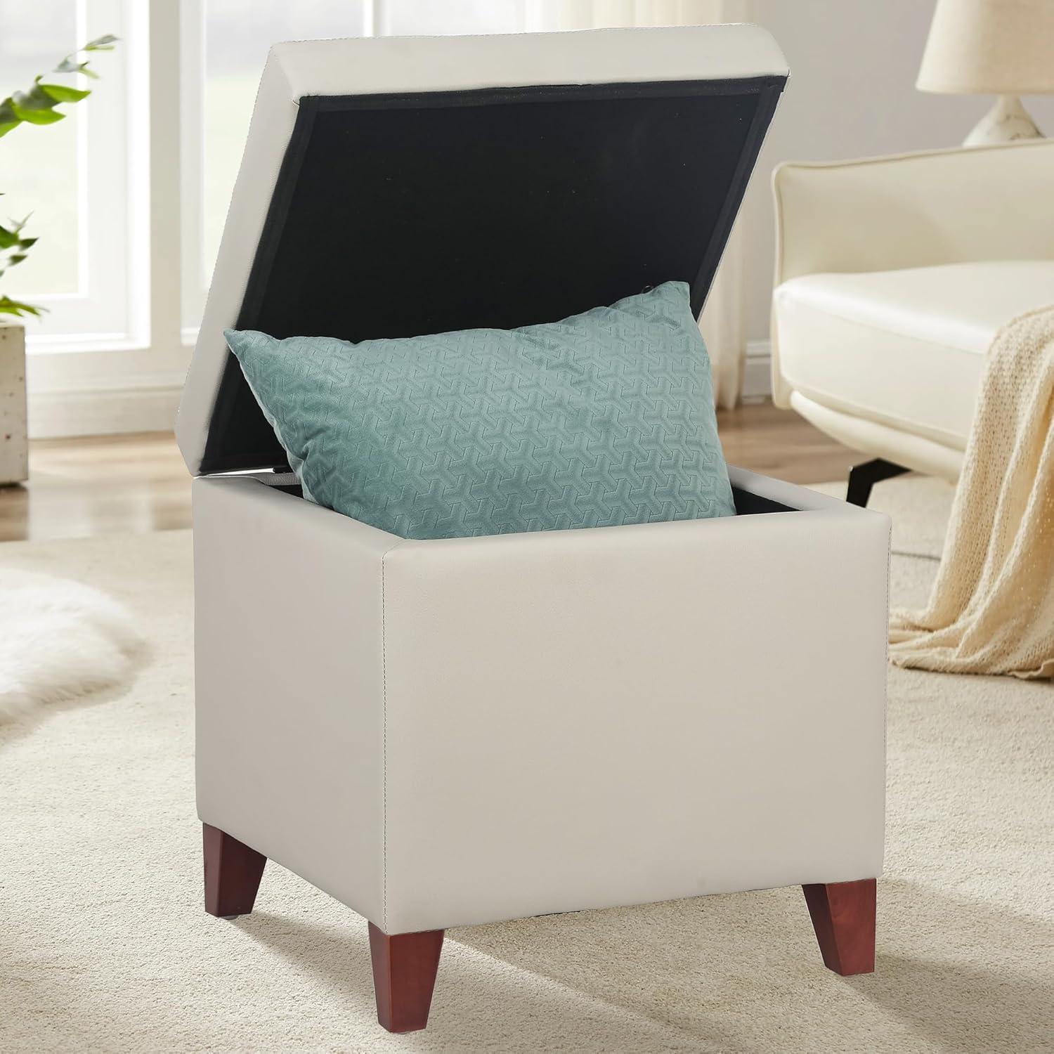 Elephant Grey Faux Leather Tufted Storage Ottoman with Cherry Wood Legs
