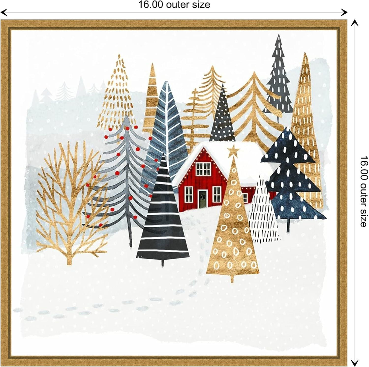 Christmas Chalet Red Cabin Canvas Print with Gold Frame