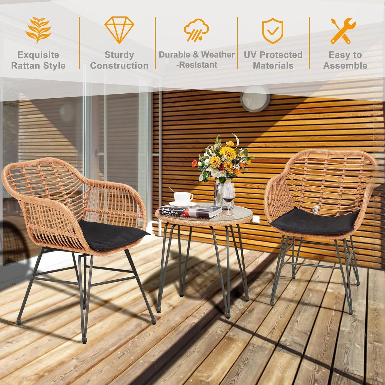 3 Piece Outdoor Wicker Furniture Patio Bistro Set, Balcony Furniture Rattan Conversation Sets, Outdoor Patio Chairs Set for Porch Poolside Garden, Black