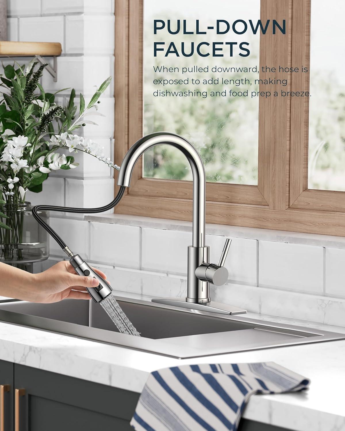 FORIOUS Kitchen Faucet with Pull Down Sprayer, Brushed Nickel, Bar High Arc Single Handle Traditional 3 Modes Stainless Steel Faucet for Kitchen Sink Farmhouse RV Laundry Camper