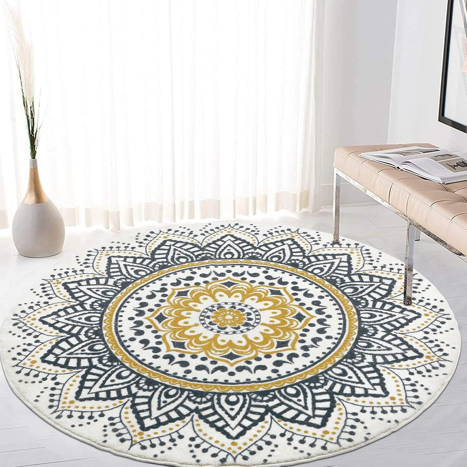 Hasoo 4FT Round Area Rug for Living Room Washable Boho Vintage Oriental Circle Carpet Throw Rug Carpet for Hallway Bedroom Laundry Entryway, Yellow