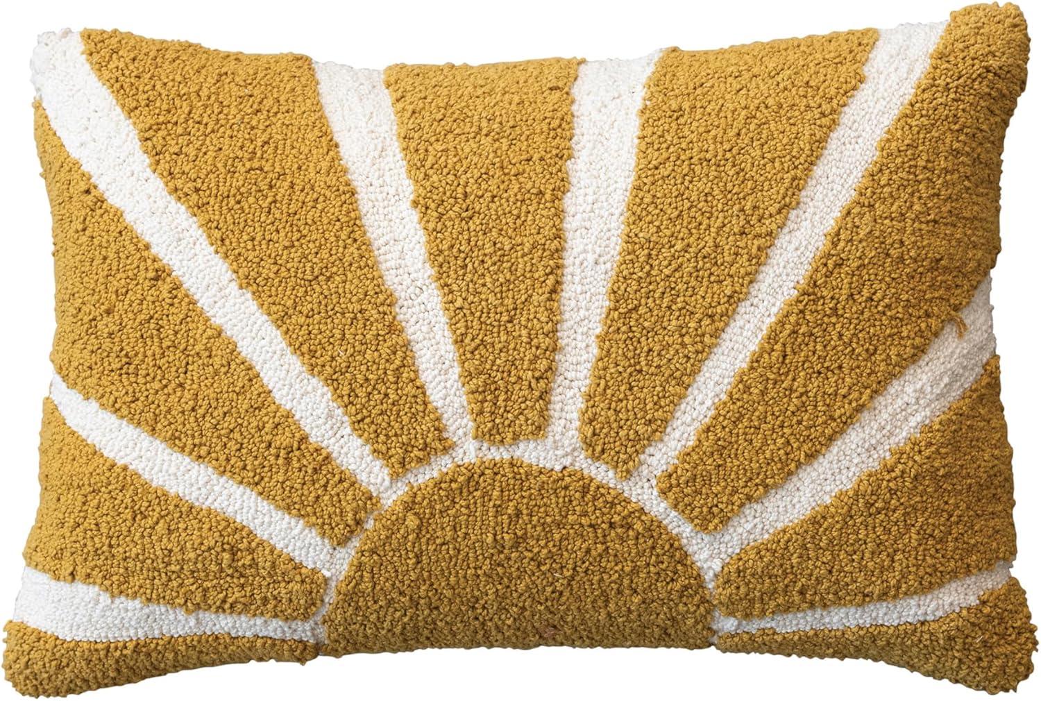 Yellow and Cream Cotton Punch Hook Lumbar Pillow with Sun Design