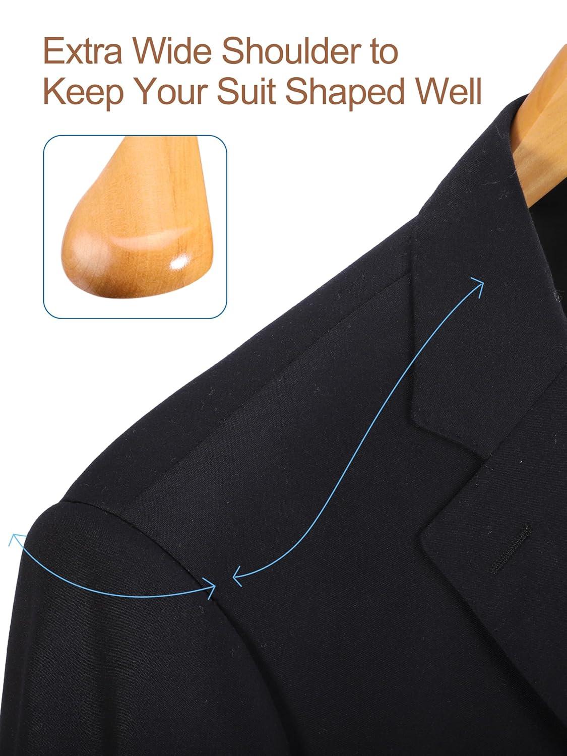 TOPIA HANGER Wide Shoulder Wooden Hangers, Suit Hangers with Non Slip Pants Bar & 360° Swivel Hook, Solid Wood Heavy Duty Coat Hanger, 6 Pack (Natural)-CT02NA