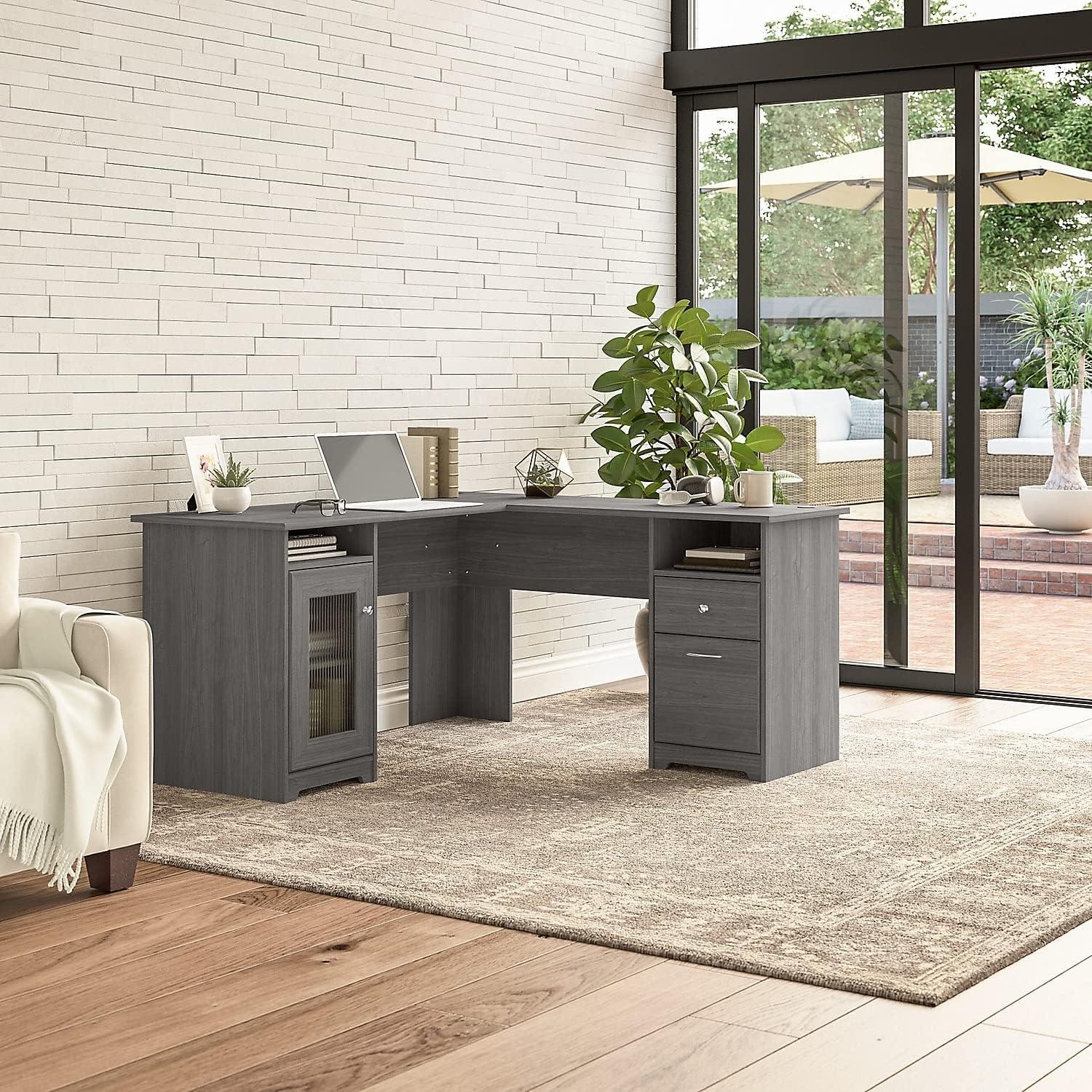 Modern Gray L-Shaped Computer Desk with Built-In USB and Storage