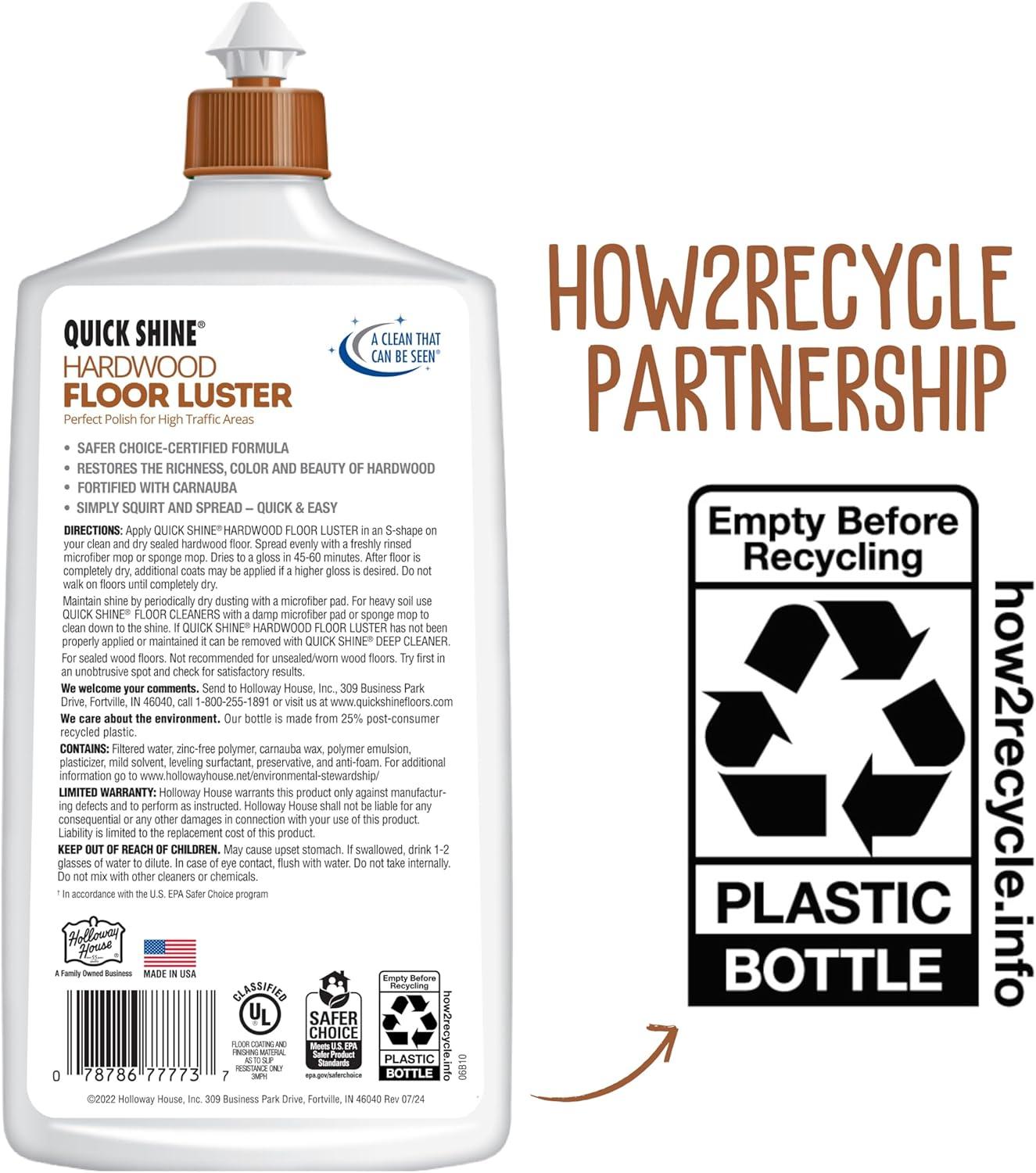 Quick Shine Hardwood Floor Luster, Pfas-Free Formula Floor Polish with Plant-Derived Carnauba 27oz