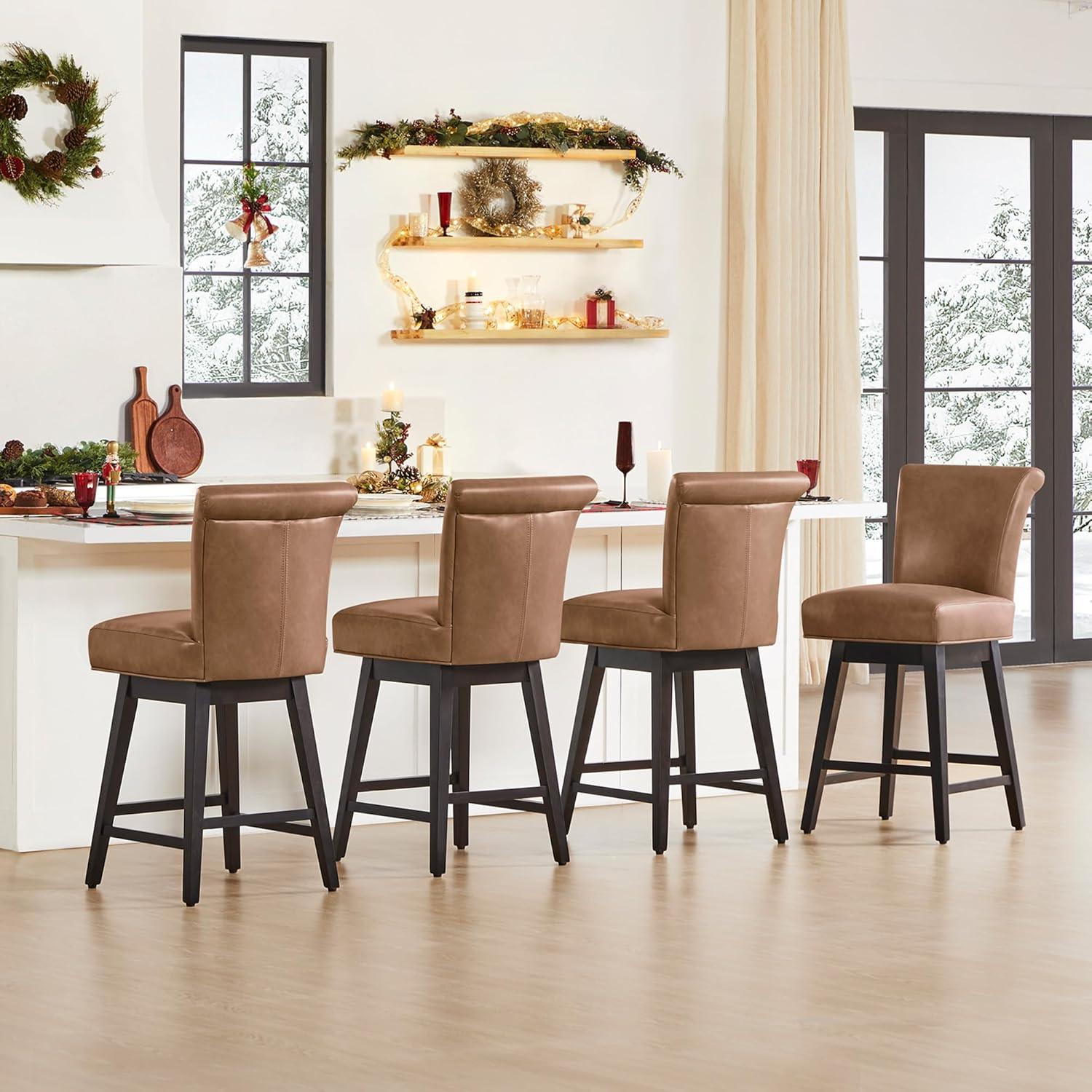 Saddle Brown Faux Leather Swivel Counter Stools with Wood Legs, Set of 2