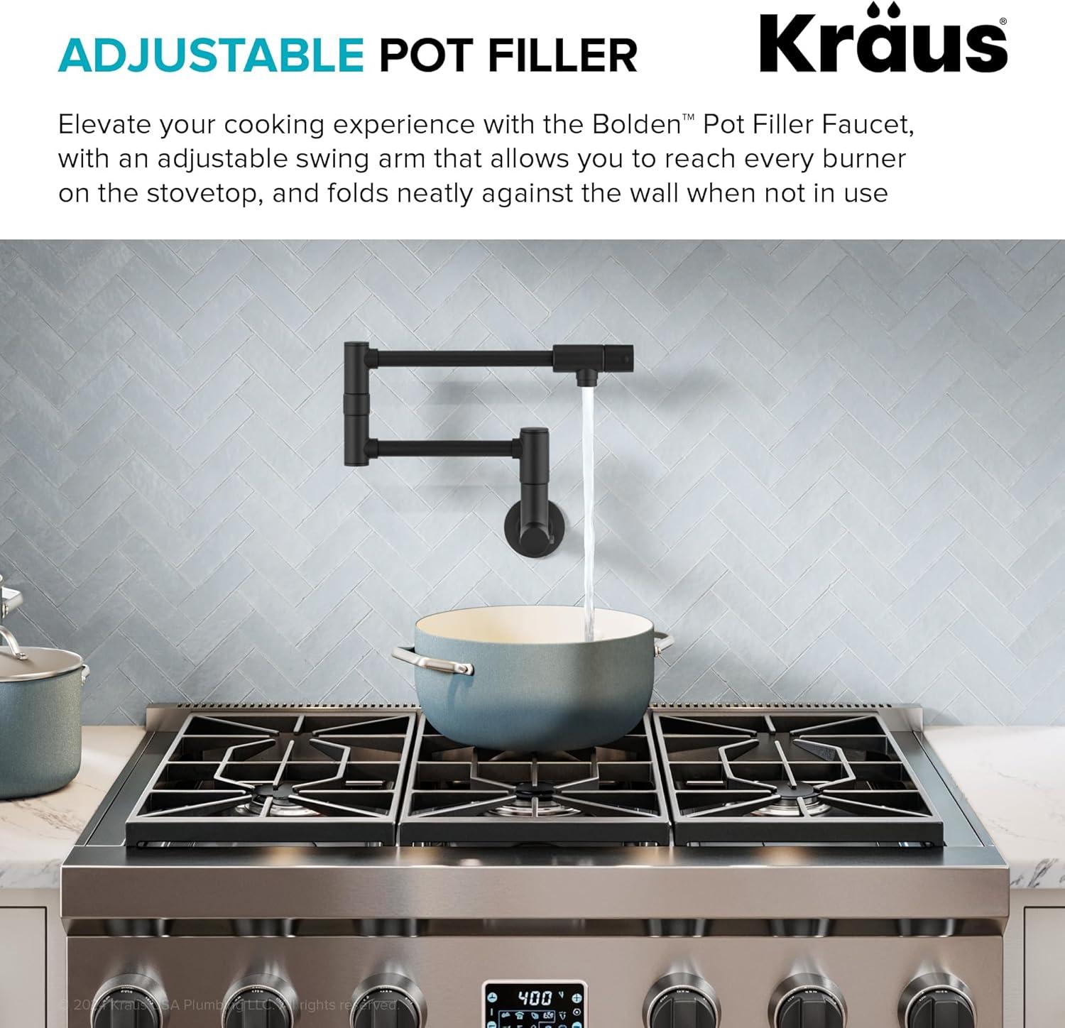 KRAUS Bolden 2 Handle Pot Filler Faucet With Retractable Arm, Wall Mount Kitchen Faucet, Pot Filler For Over Stove