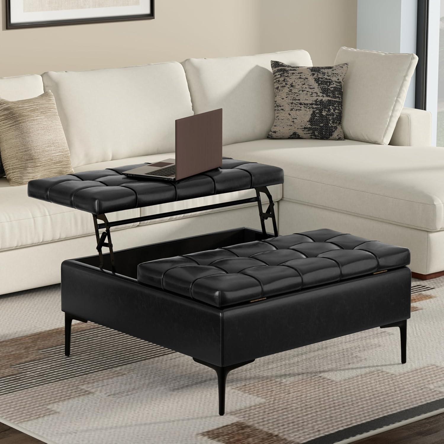 Simpli Home Laura 36"W Upholstered Square Storage Ottoman with Split Lift Top and 2 Storage Compartments