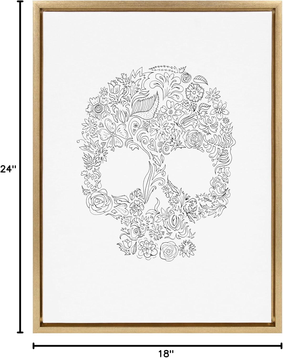 Kate & Laurel All Things Decor 18"x24" Sylvie Skull Print Framed Canvas Wall Art by Viola Kreczmer Gold Black and White Floral