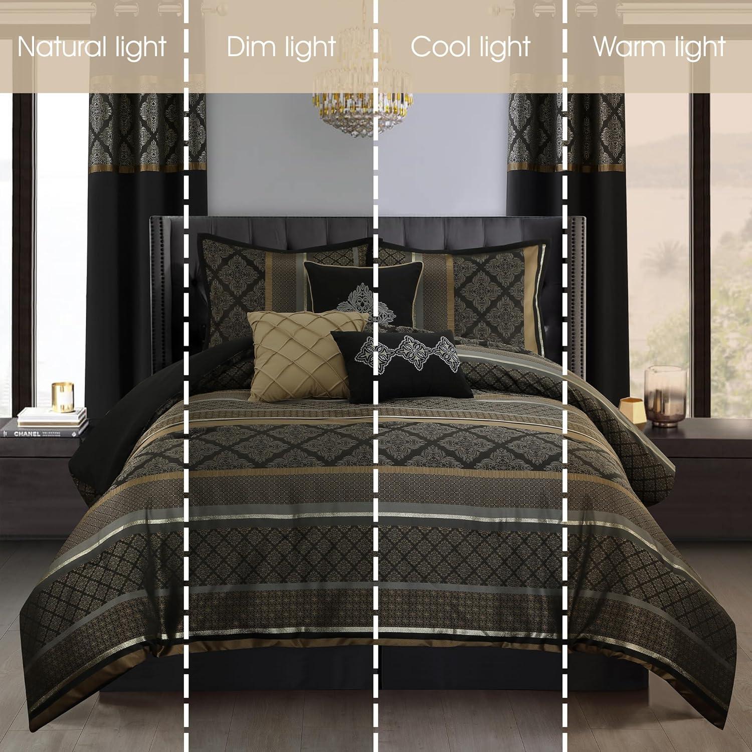Nanshing Markus 9 Piece Traditional Damask Comforter Set, Black Gold, Queen