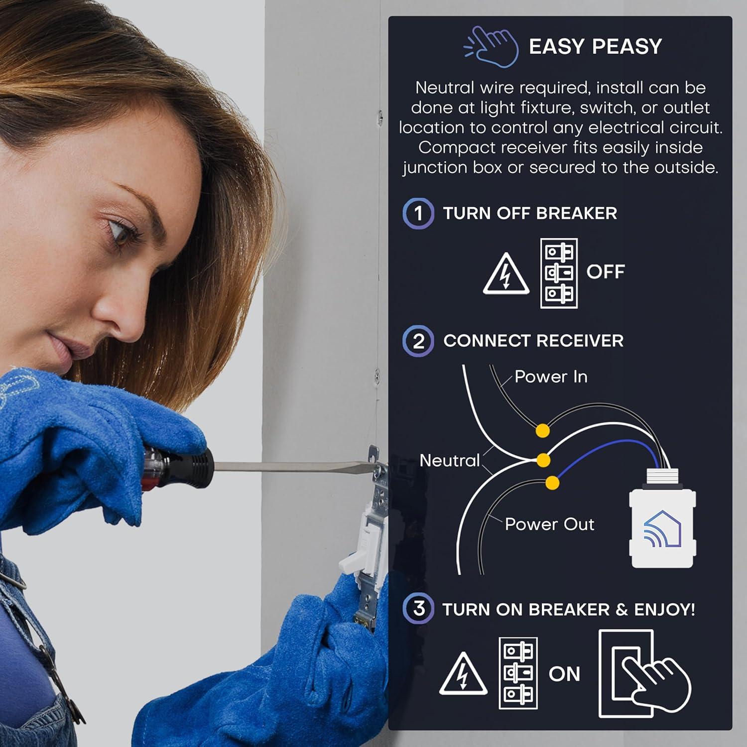 RunLessWire 3-Way On/Off Wireless Battery-Free Remote Light Switch Kit 150ft Range - Light Almond