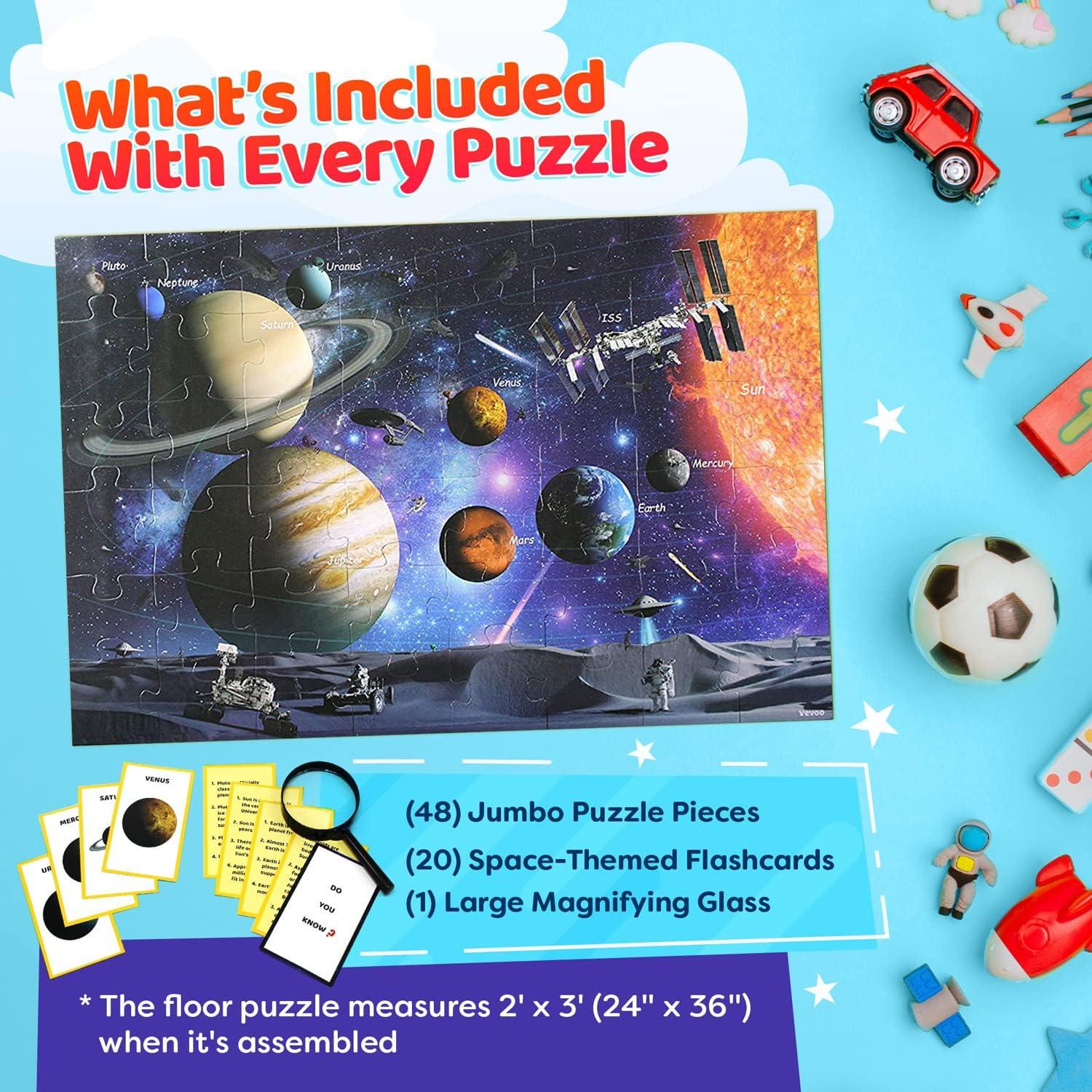 Solar System Spy Puzzle with Flashcards and Magnifying Glass 2ft X 3ft- Large 48 Piece Space Floor Puzzles for Kids Ages 4-8 Years Old-Gift for Boys and Girls 3,4,5,6,7,8