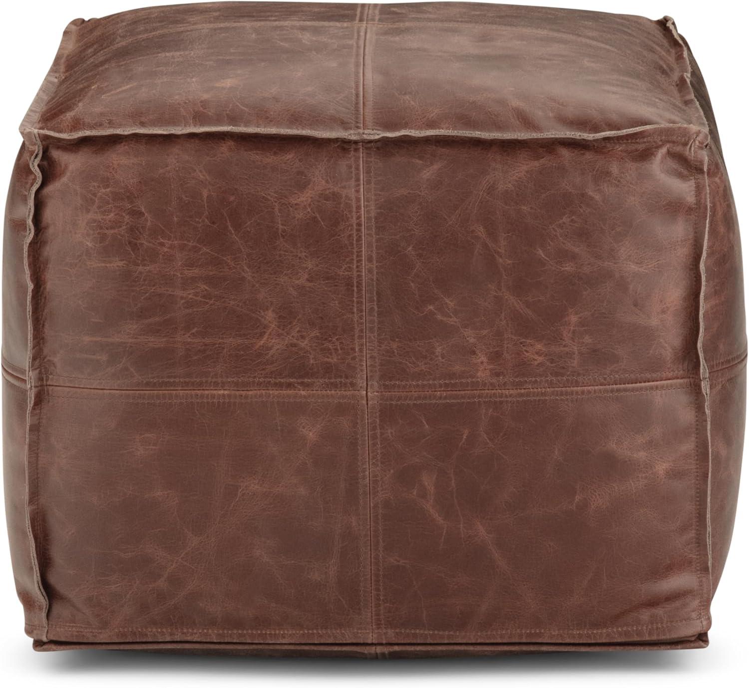 Simpli Home Sheffield Boho Square Pouf in Brown Genuine Leather