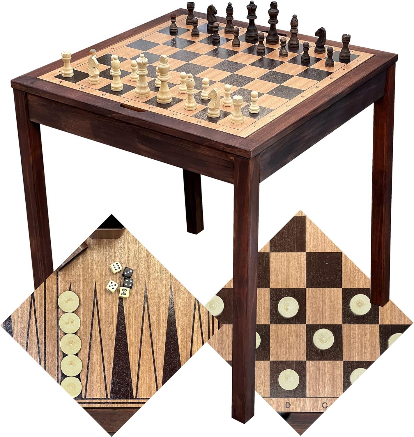 Sterling Games Wooden Chess Checkers and Backgammon 3 in 1 Combo Game Table Furniture Set, 25" x 25", 4" King