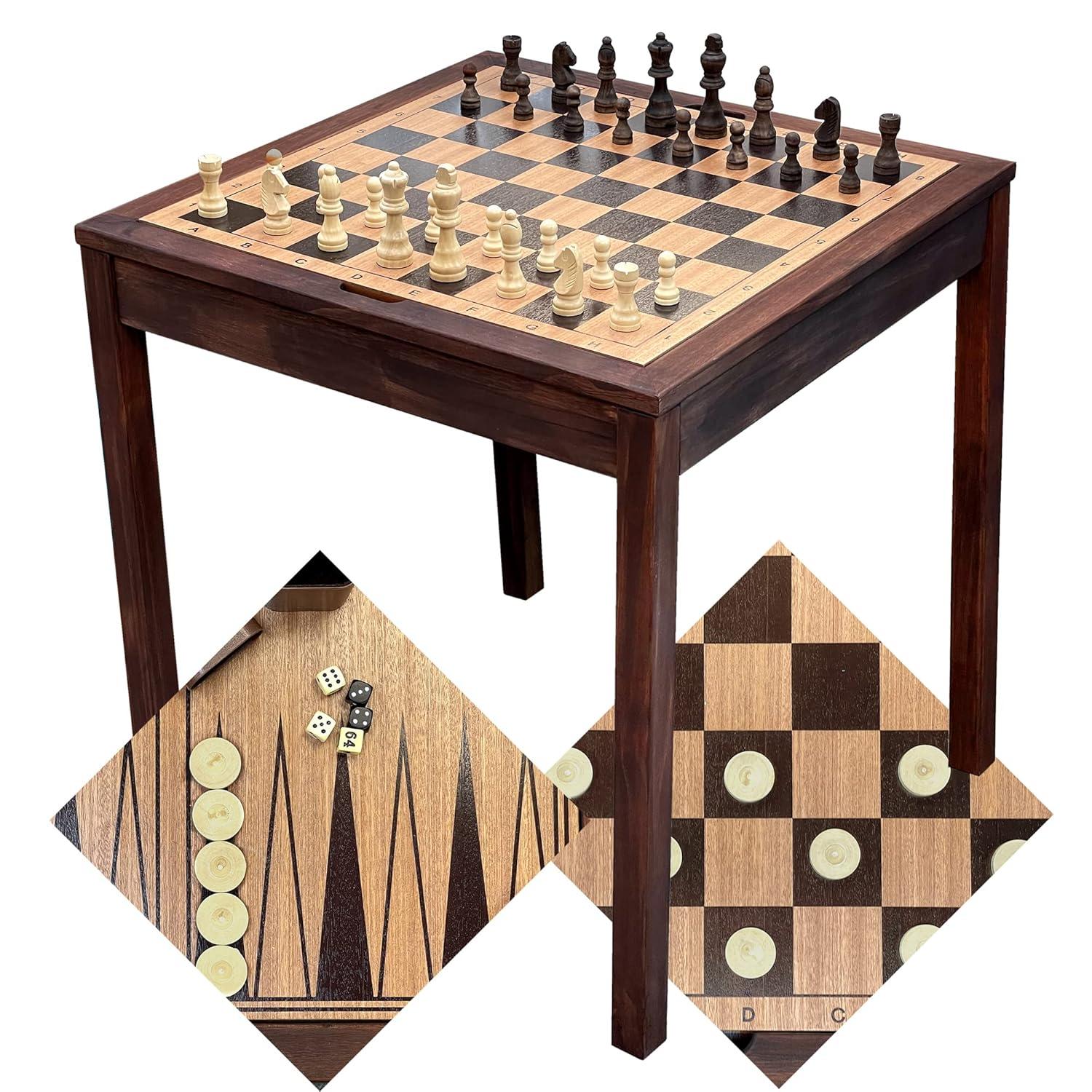 Sunnywood Wooden Chess Checkers and Backgammon 3 in 1 Combo Game Table Furniture Set, 25" x 25", 4" King