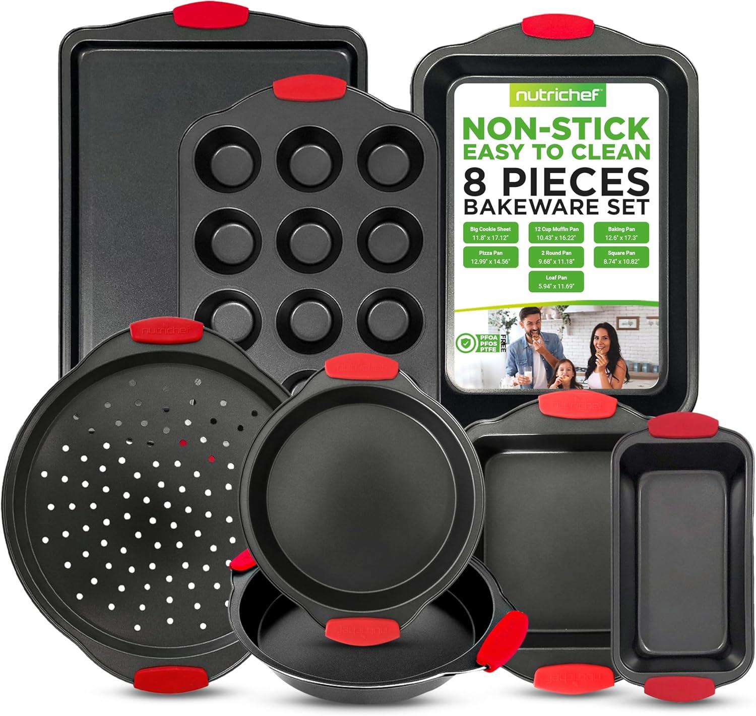 NutriChef 8-Piece Non-Stick Carbon Steel Bakeware Set with Red Silicone Handles