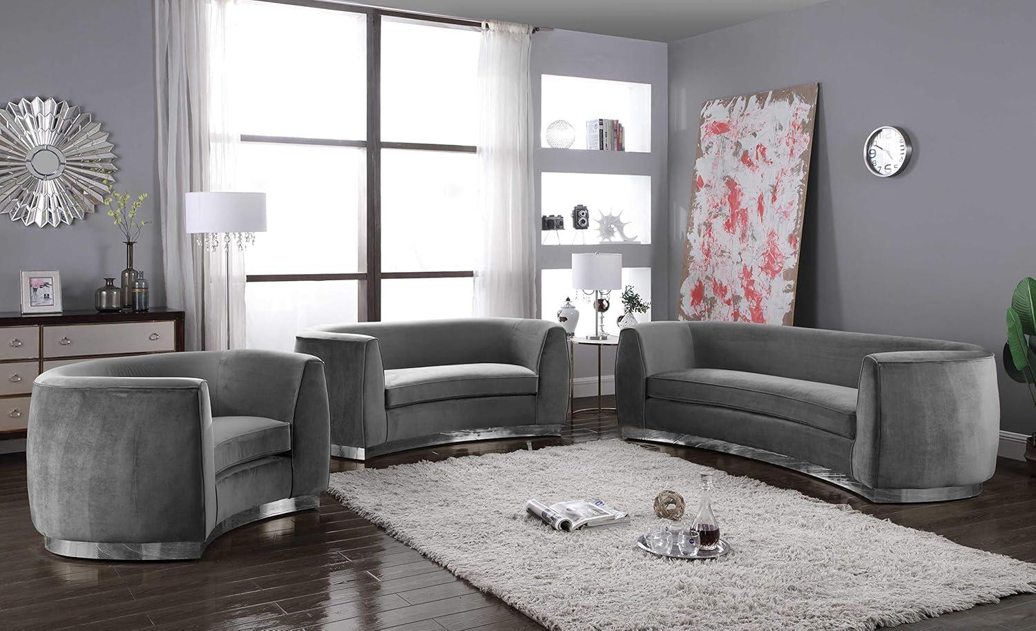 Elegant Julian Gray Velvet Loveseat with Polished Chrome Base