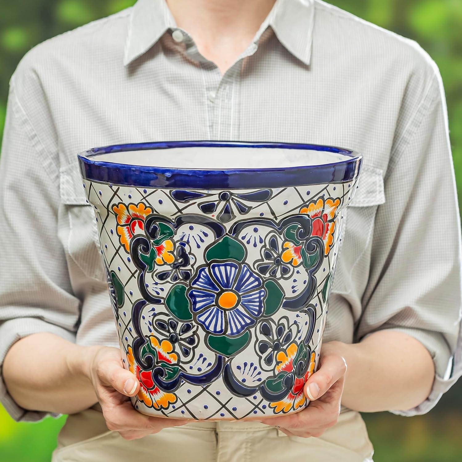 Evergreen Garden Talavera Mexican Pottery Ceramic Floral Classic Top Pot Planter | Flower Pot Plant Succulent | Indoor Outdoor (10 inch)