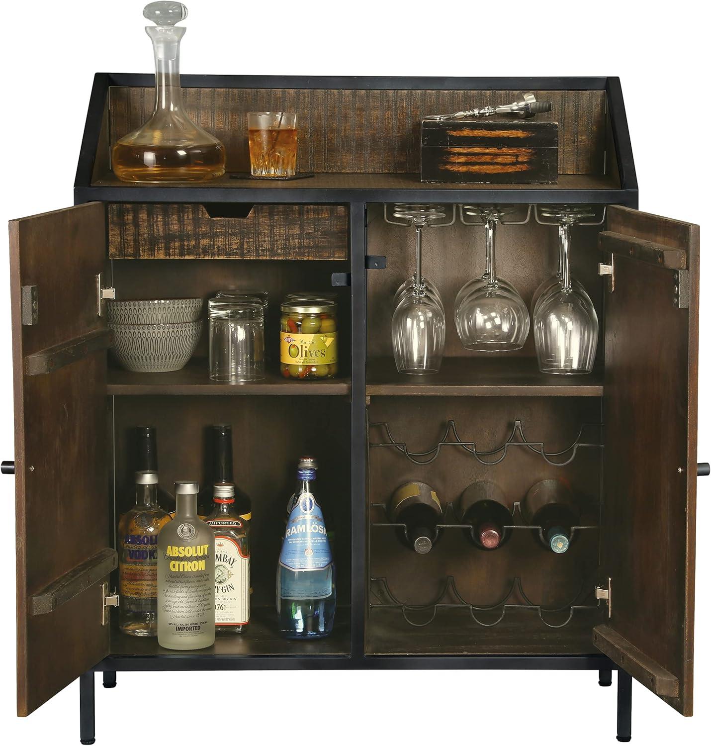 Vintage Charcoal Gray & Dark Brown Wine Bar Console with Storage