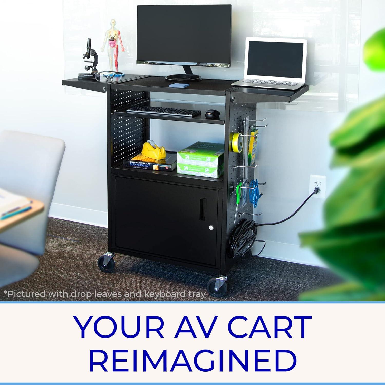 Line Leader Stellar AV Cart / Carro para Computadora con Guarnición de Tablero Perforado y 12 Ganchos para Almacenamiento/armario de Bloqueo Personalizable y Bandeja para Teclado Extraíble / Tomas de Corriente Certificadas de Seguridad UL / Ruedas de Bloqueo