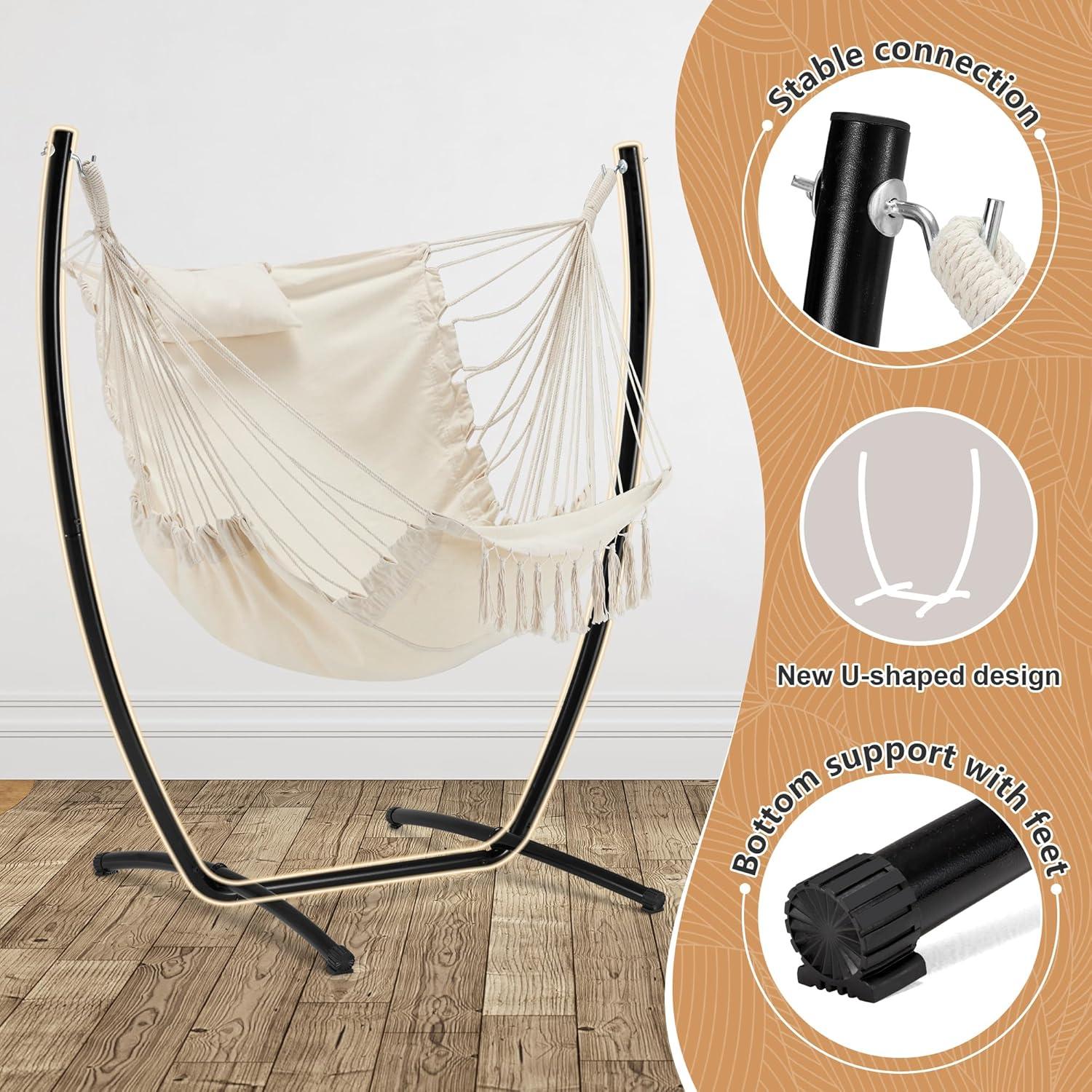 Off-White Cotton Hanging Hammock Chair with Stand