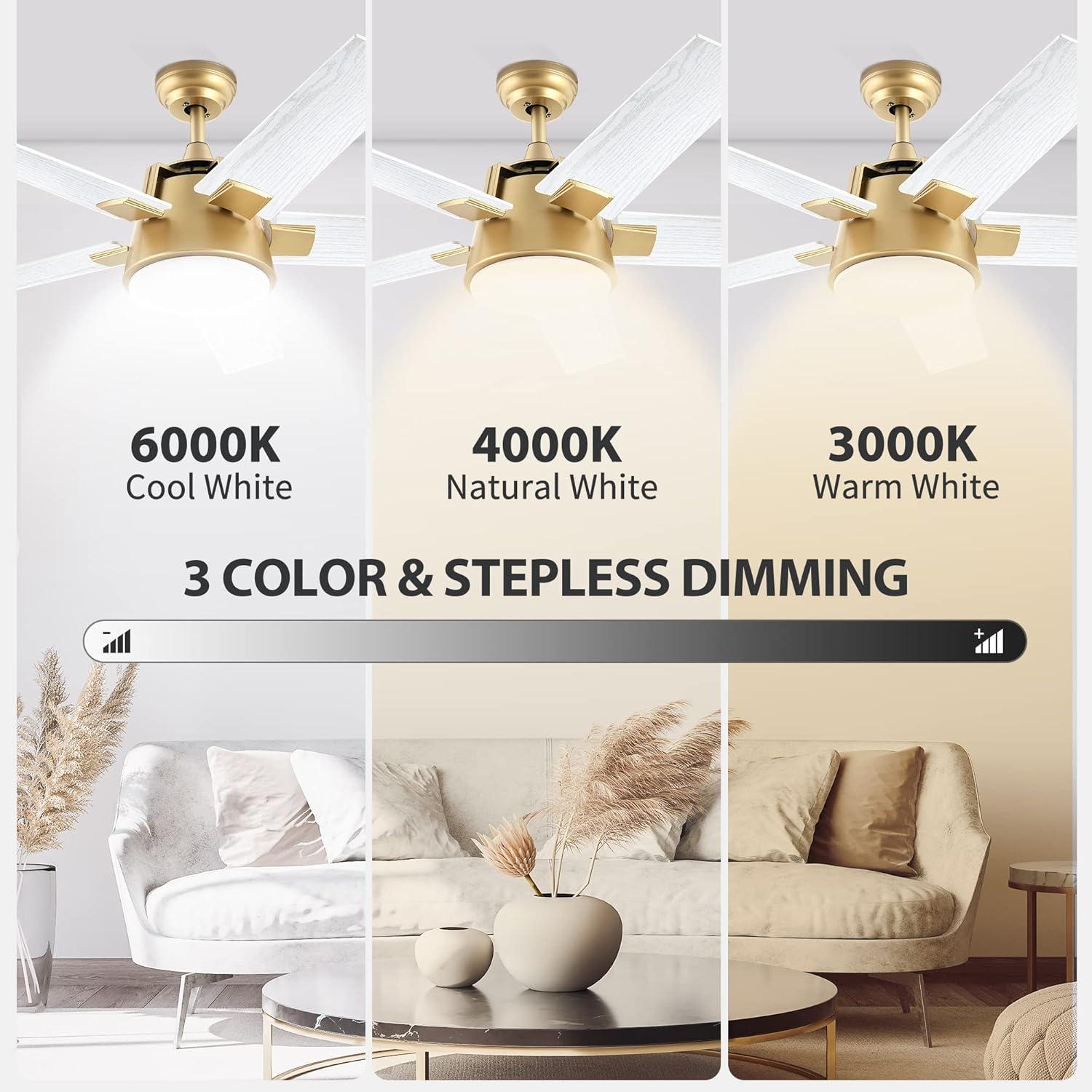 Gold and White 52-Inch Modern Ceiling Fan with LED Light