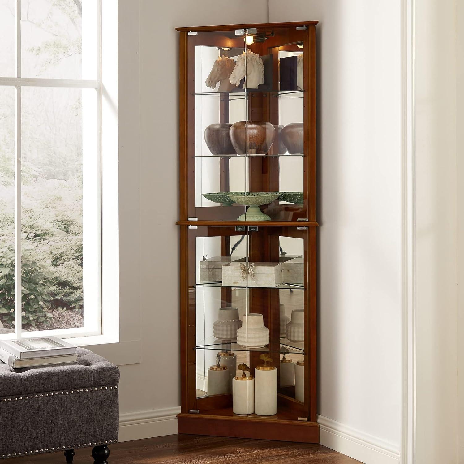 Lark Manor™ Corner Curio Dispaly Cabinet with Lights, Adjustable Tempered Glass Shelves, Mirrored Back