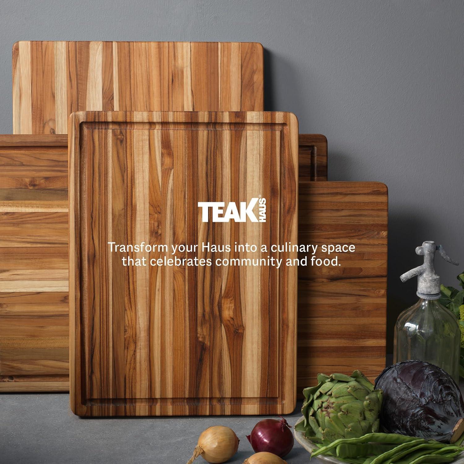 Teakhaus Cutting Board - Medium (M) Wood Cutting Board with Juice Groove and Grip Handles - 18”L x 14”W - Thin, Lightweight, Reversible Teak Edge Grain Wood - Knife Friendly - FSC Certified