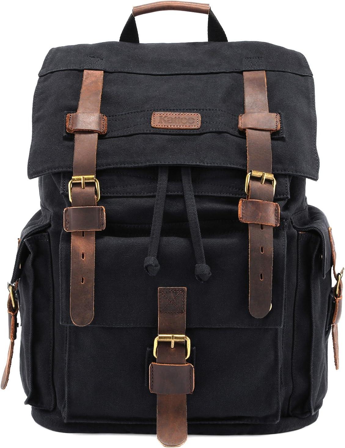 Kattee Men’s Leather Canvas Backpack Large School Bag Travel Rucksack Black