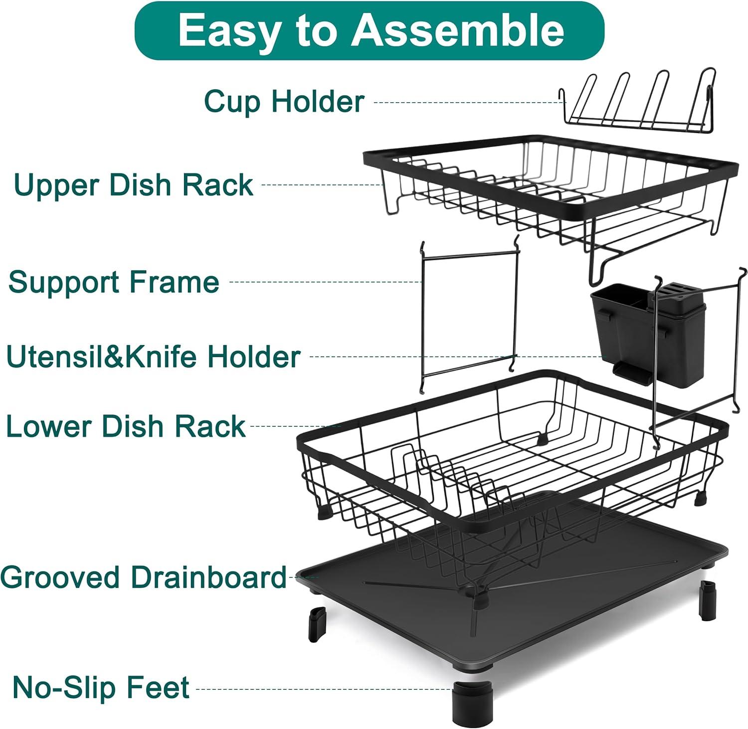 2-Tier Dish Drying Rack for Kitchen Counter,Space-Saving Dish Rack with Drainboard,Rustproof Countertop Dish Drainer with Utensil Holder for Sink,Black