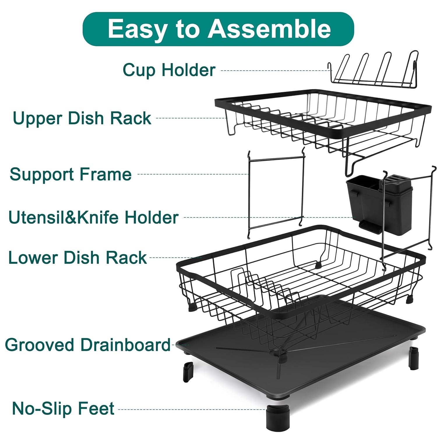 2-Tier Dish Drying Rack for Kitchen Counter,Space-Saving Dish Rack with Drainboard,Rustproof Countertop Dish Drainer with Utensil Holder for Sink,Black