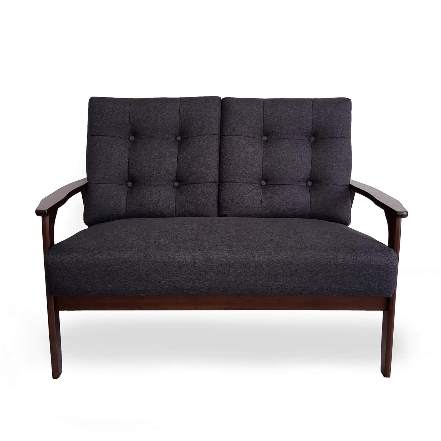 GDFStudio Norwood Mid-Century Modern 45.60" Upholstered and Rubberwood Loveseat, Charcoal Gray/Walnut