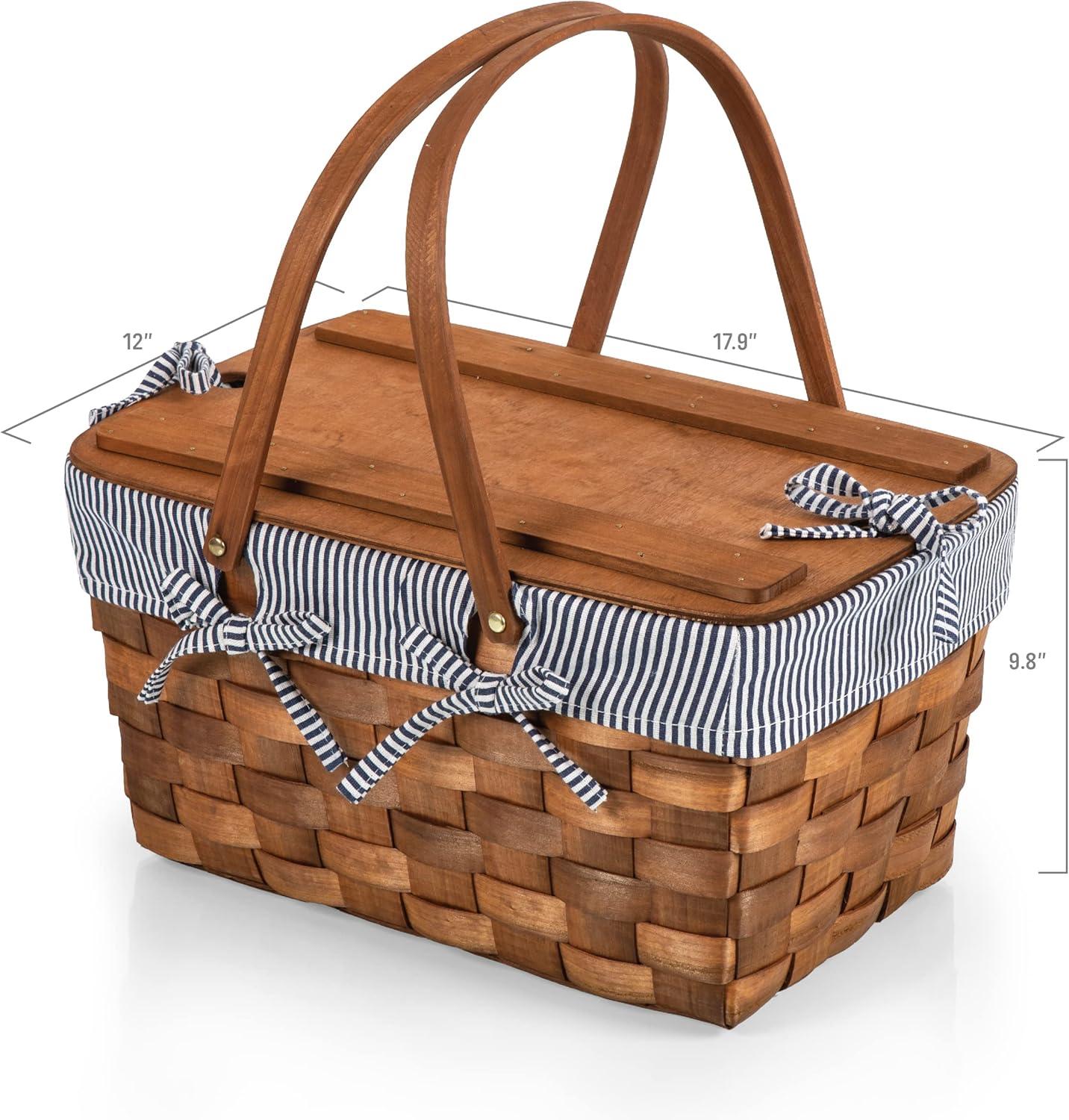 Picnic Time Kansas Handwoven Wood Picnic Basket with Navy Blue and White Stripe