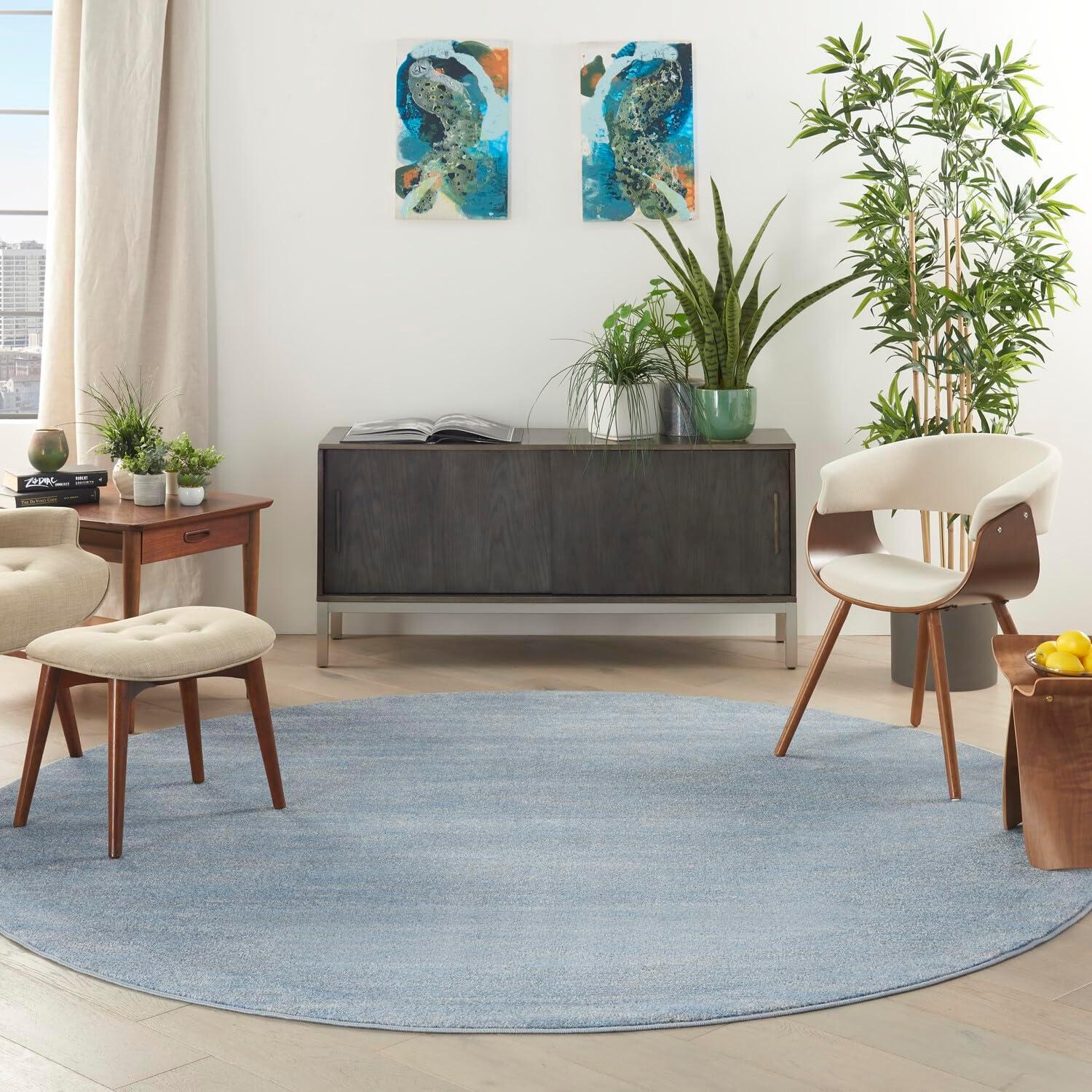 Handmade Look Blue/Grey Round 8' Synthetic Easy-Care Rug