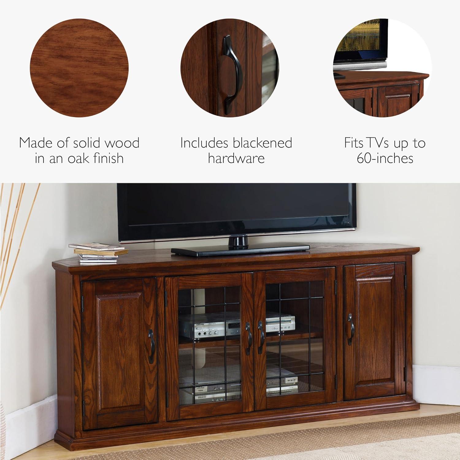 Leick Home 80386 Leaded Glass Corner TV Stand with Enclosed Storage For 60" TV's, Burnished Oak