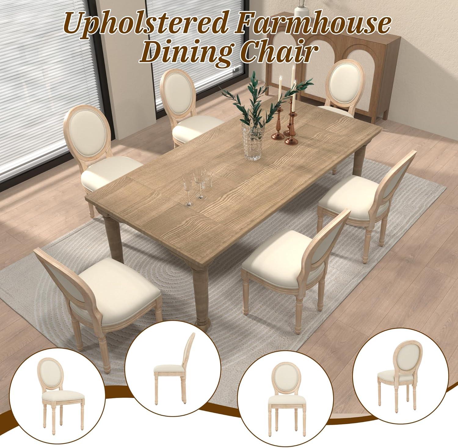 French Country Dining Chairs Set of 4, Cream Kitchen & Dining Room Chairs Set of 4, Ivory Linen Upholstered Dining Chairs, Wood Legs, Sillas De Comedor (Fabric, Beige, 4Pcs)