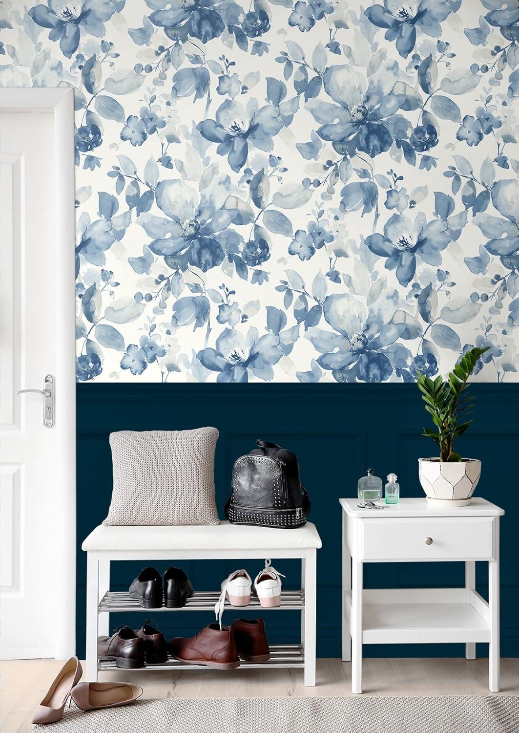 Bluestone Watercolor Flower Peel and Stick Wallpaper