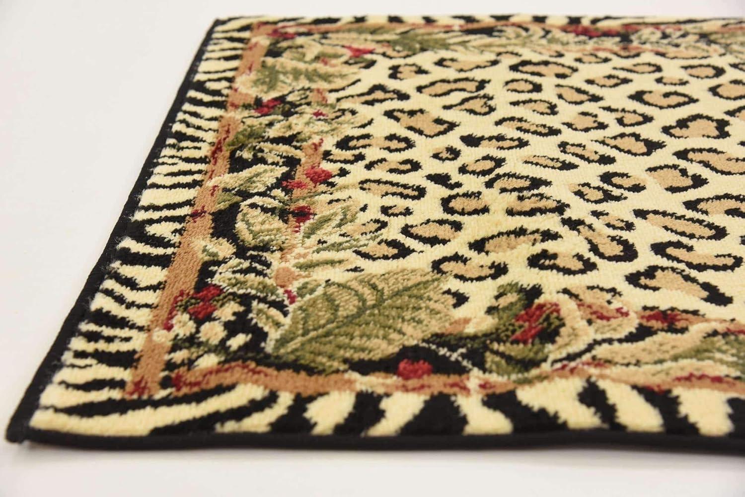 Ivory and Black Leopard Print Runner Rug with Botanical Border