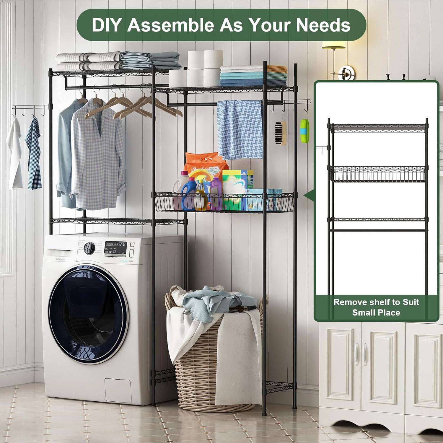 Kselythan Over Washer and Dryer Shelves,57.4" W Heavy Duty Laundry Room Storage Organization Clothes Drying Rack,Height Adjustable Towel Racks with Hamper and Hooks,Space Saving Shelf