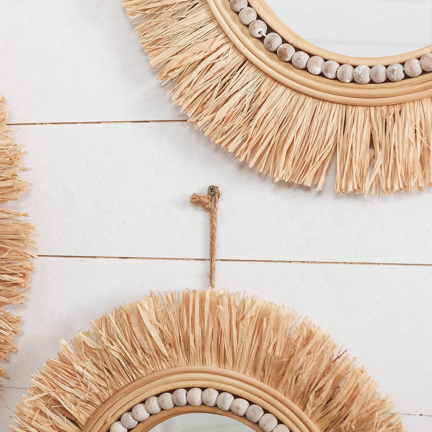 Natural Raffia and Bead Round Wall Mirrors Set