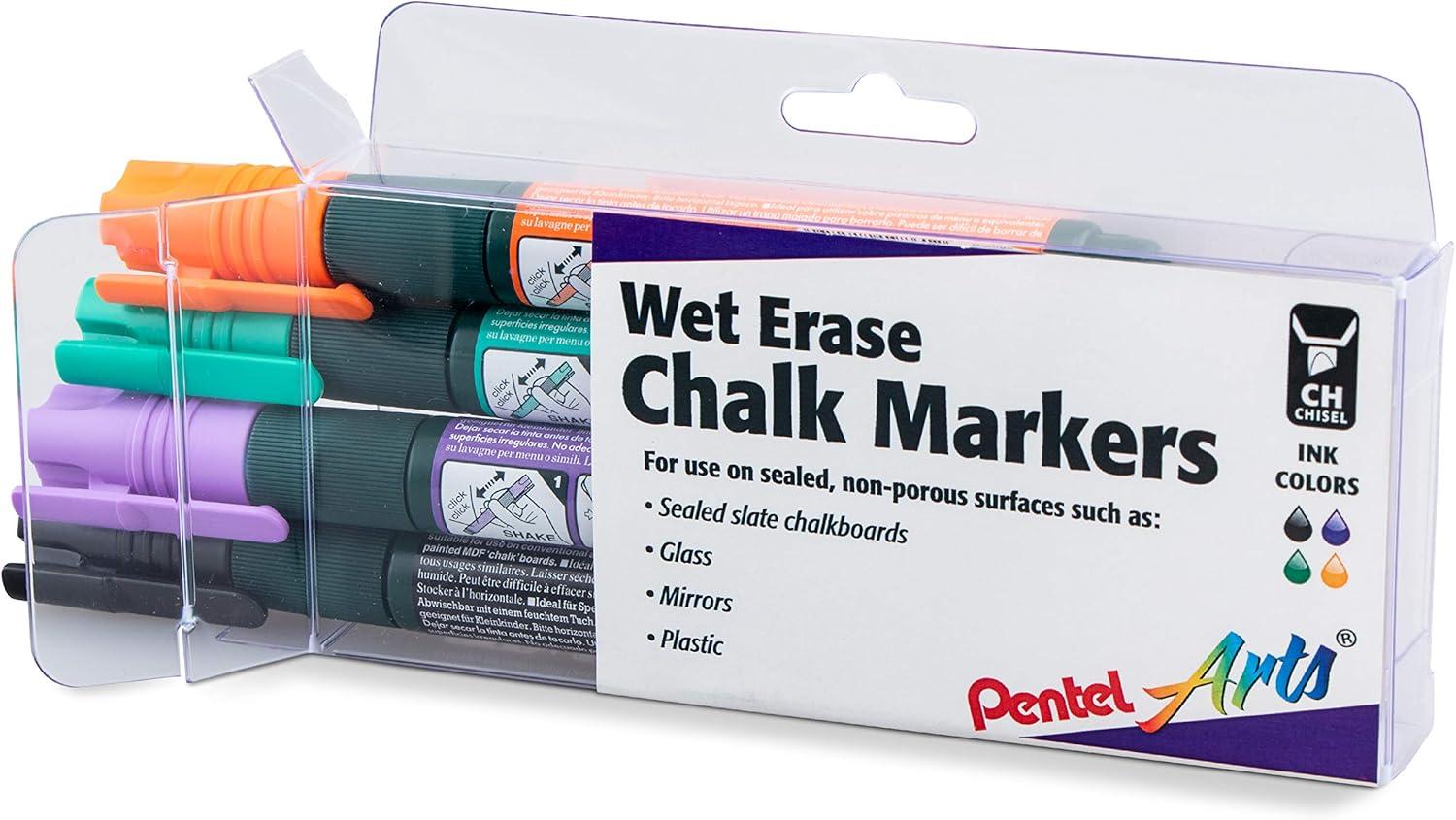 Pentel Wet Erase Chalk Markers - Secondary Colors, Chisel Point, Set of 4